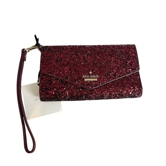 NEW Kate Spade iPhone Wristlet Deep Plum Red Glitter Wallet Card Slots Envelope - Picture 1 of 7